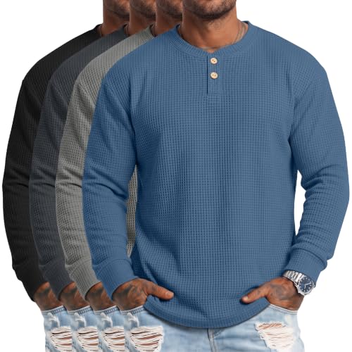 Men's Waffle Henley Long Sleeve Shirts - 4 Pack, Small Haze Blue & Gray