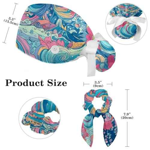 Scrub Caps Women, Surgical Caps with Ponytail Pouch and Buttons, Nurse Bouffant Adjustable, with Bow Hair Scrunchy, Wave and Floral Vintage Japanese Abstract Art Blue