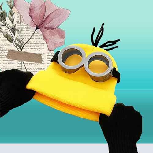 3 Pcs Halloween Costumes Adults & Kids Accessories, Adjustable Goggles Cosplay, Yellow Hat Beanie and Black Gloves for Women, Men, Halloween Party Set