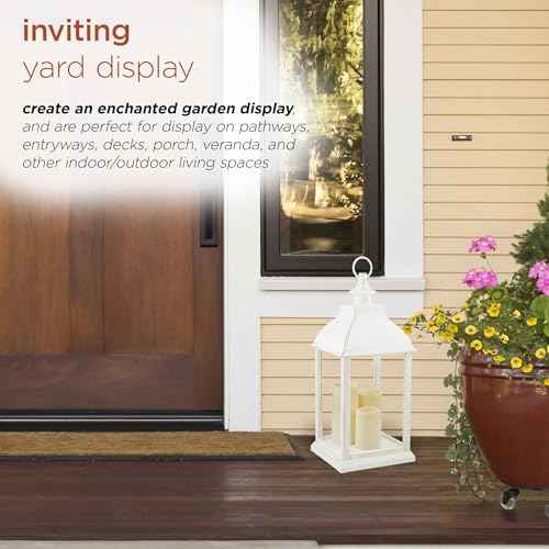 Alpine Corporation KPP604T-22 Outdoor Battery-Operated Lantern with Flickering LED Candle Lights for Patios, Gardens, Pathways, and Entryways, 22" H, White