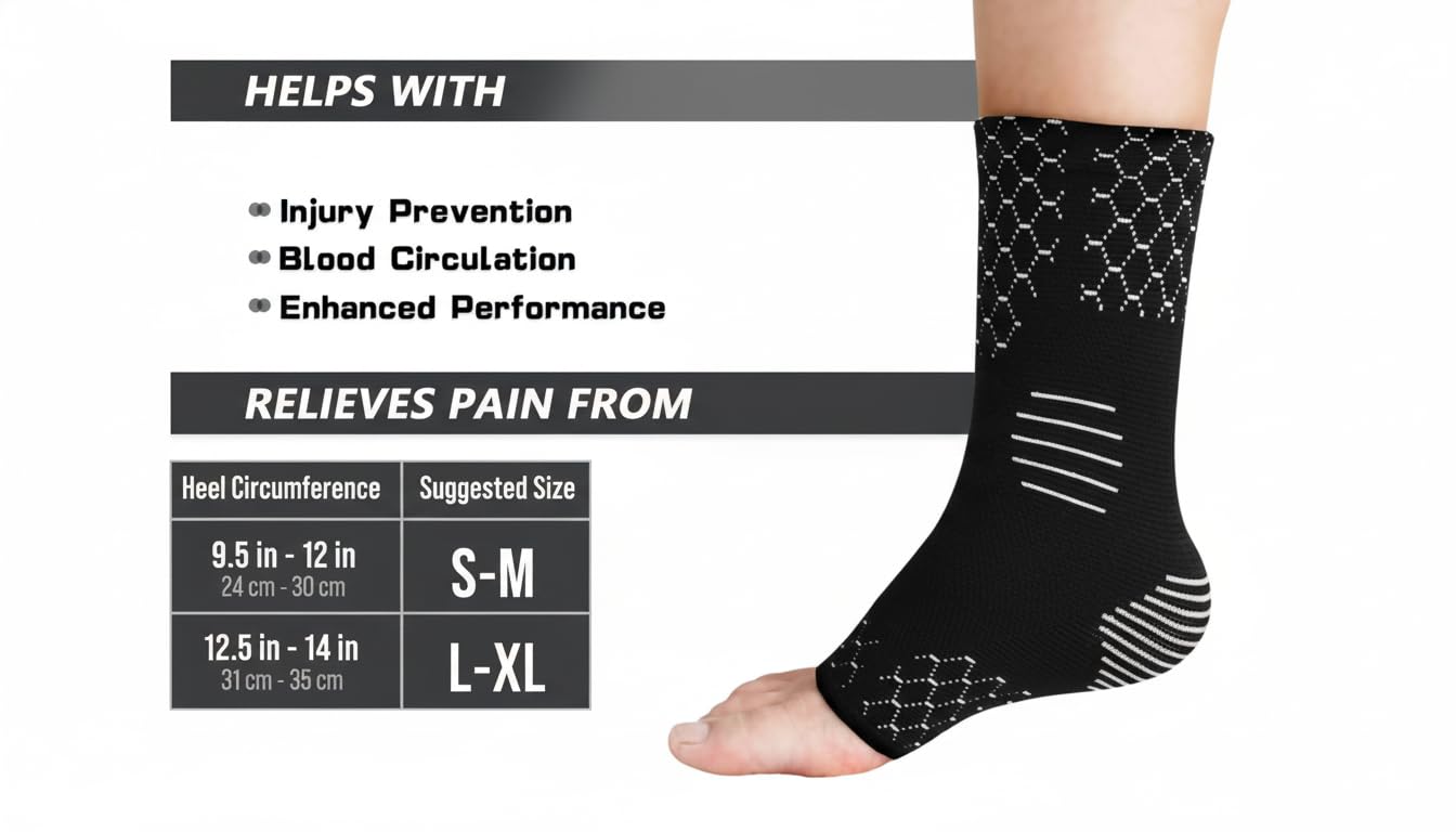 Compression Socks for Plantar Fasciitis, Achilles Tendonitis, Arthritis Relief - Ankle Brace Compression Sleeve with Foot Arch Support, Ankle Wrap for Women, Men, Swelling & Heel Pain Relief - Black (1 Pair) (Small/Medium)