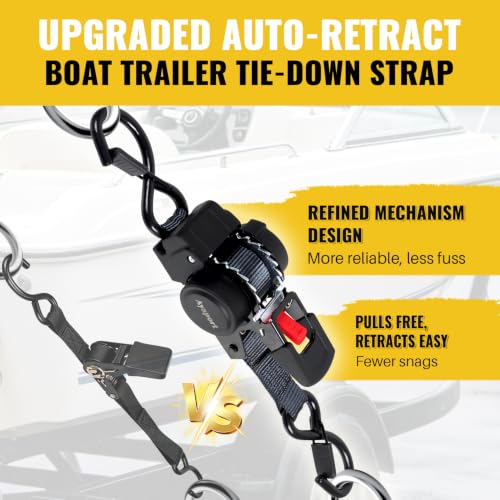Black 1x5ft Retractable Boat Tie Down Straps with Double S Hooks - 2 Pack