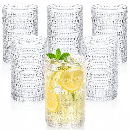 Set of 6 Vintage Hobnail Drinking Glasses - 13 oz Clear Embossed Tumblers for Beverages