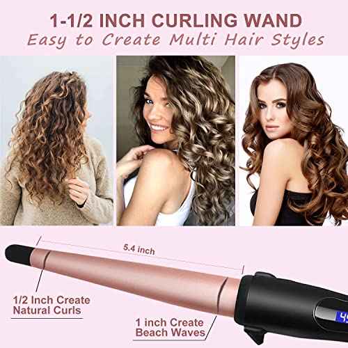 Hair Curling Wand, 0.5-1Inch Tapered Curling Iron, Professional Ceramic Hair Curler Wand with Adjustable Digital Temperature, Dual Voltage, Auto Shut-Off