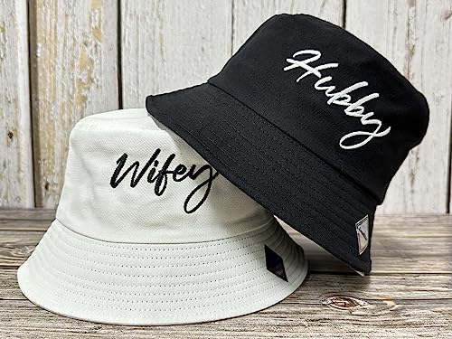 Mr Mrs Hubby Wifey Captain First Mate Bucket Hats Set - One Size Black & White