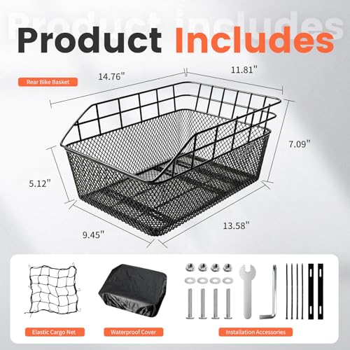 Heavy Duty Rear Bike Basket with Cargo Net & Waterproof Cover - Large Capacity