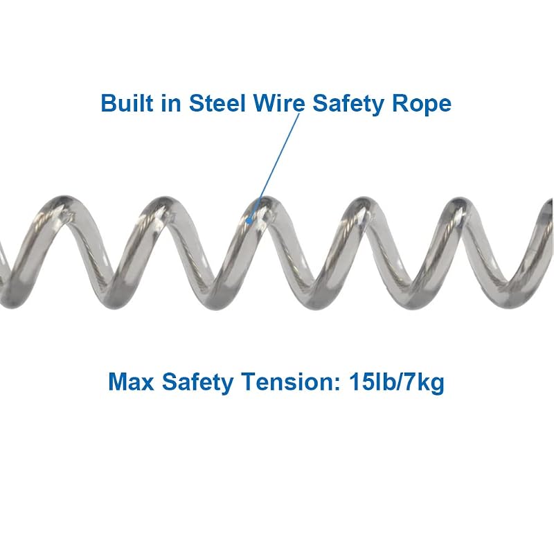 Retractable Coiled Lanyards with Carabiner Clips - 45cm, 98in Stretch, 15lb Safe Tension, Black Long Rotatable