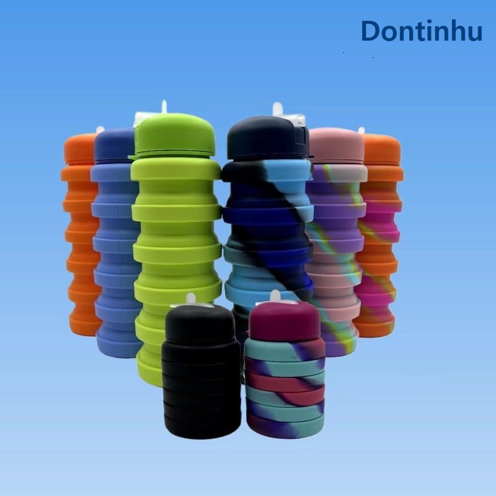 Dontinhu Collapsible Water Bottles 2 Pack 16oz(about 500ml), Travel Portable Sport Water Bottle, Silicone Foldable Water Bottles for Gym Camping Outdoor Hiking. (Blue Camouflage+Pink Camouflage)