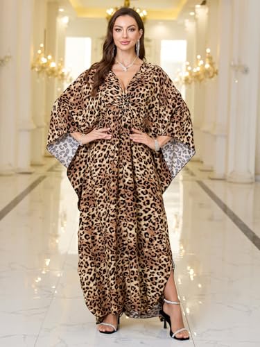 Plus Size Kaftan Dress Women Brown Leopard African Print Batwing Cover Up for Party & Loungewear