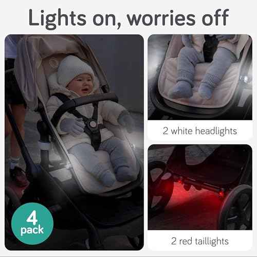 Baby Uma LED Stroller Lights (4-Pack) - Universal with 3 Light Modes (Constant/Pulse/Strobe), Buggy & Bike Lights Front and Back (2 White Headlights & 2 Red Taillights), Clip-On Bike Light