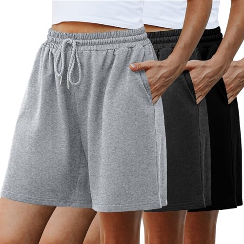 Women's Sweat Shorts Bermuda Long Athletic Casual Loose Shorts - Medium Grey+Black+Dark Grey