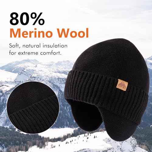 TOP-EX DryKnit¢â Unisex 80% Merino Wool Waterproof Beanie with Ear Flap Warm Winter Fleece Lined Beanie Hat M/L/XL