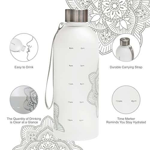 32 Oz Reusable Water Bottle with Time Markings, Frosted Plastic, Strap, Silver