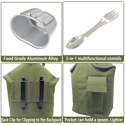 Green Military Canteen Set with Aluminum Cup and Tactical Spork - 1 Quart Water Bottle for Camping Hiking