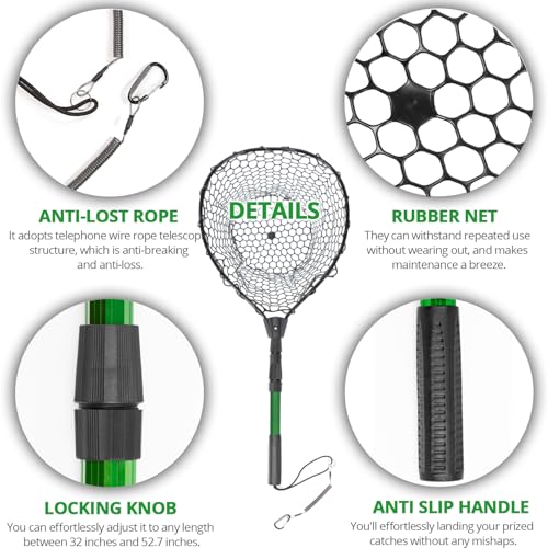 Telescoping Rubber Fishing Net with Handle - 20.3x16 Inch Hoop, L Size