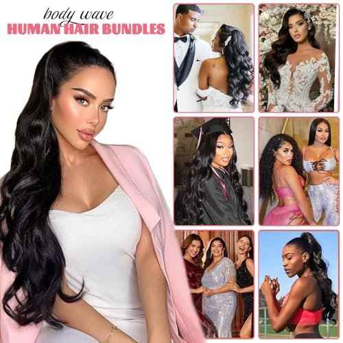 14A Human Hair Bundles 16 Inch Body Wave Bundles Human Hair 100% Unprocessed Brazilian Virgin Hair Body Wave 1 Bundle Human Hair Extensions for Women Natural Color Quick Weave