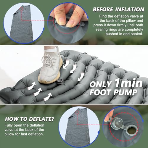Ultralight Camping Sleeping Pad with Pillow & Built-in Foot Pump - Grey