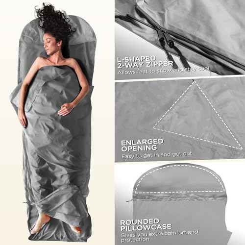 Ultralight Sleeping Bag Liner - 5.3 oz Washable Adult Sleep Sack & Travel Sheets, Self Tan Sleep Sack with Two-Way-Zipper, for Backpacking, Hotel, Camping, Travel