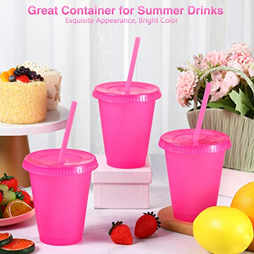 Reusable Plastic Cups with Lids and Straws - 16 oz Hot Pink Glitter Kids Drinkware - 30 Pack