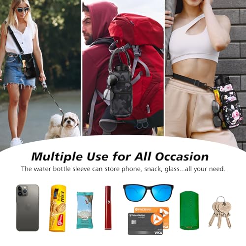 16oz Water Bottle Carrier Bag Neoprene Sleeve with 4 Pockets & Adjustable Strap - Black Flower