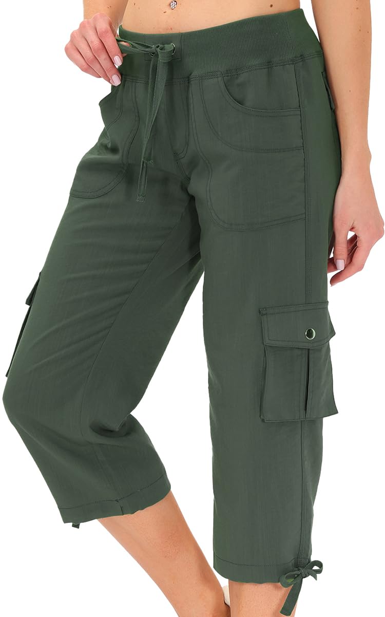 MoFiz Womens Capris with Pockets Loose Fit Casual Capri Pants Dressy Lightweight Ladies Baggy Cargo Pants for Hiking Army Green 3XL