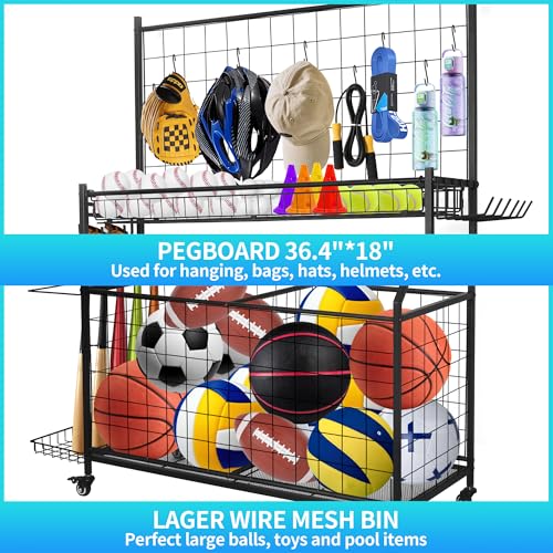Black Sports Equipment Organizer with Ball Rack & Hooks - Garage Storage Cart