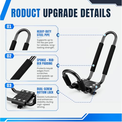 Forluck Black Kayak Roof Rack J-Bar Carrier - 1 Pair, Universal Fit, Heavy Duty