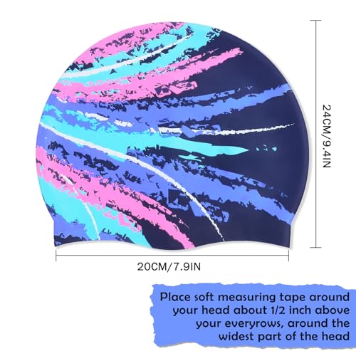 Women's Silicone Waterproof Swim Cap - Blue Graffiti - Long Hair Friendly