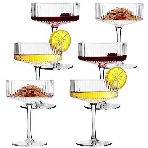6 Pack Ribbed Coupe Cocktail Glasses - 10 oz Classic Martini Set with Gift Box