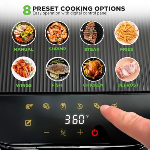 Nutrichef 5.8 Quart Air Fryer | 8-1 Preset Cook Modes | Transparent Fry Bowl for Best Cooking Results | Cook Shrimp, Steak, Fries, Wings, Chicken & More | Precise Temperature Control & Time | White