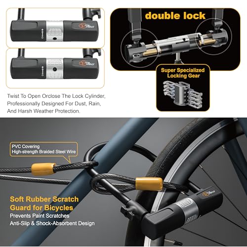 Heavy Duty Bike U Lock with 6FT Cable - Secure Bicycle Lock with Mounting Bracket