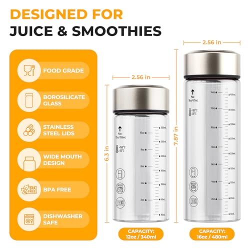 Clear 4-Pack 12oz Borosilicate Glass Juice Bottles with Leakproof Lids