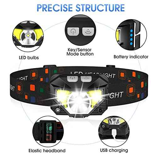 LHKNL Headlamp Flashlight, Lumen Ultra-Light Bright LED Rechargeable Headlight with White Red Light, 2-Pack Waterproof Motion Sensor Head Lamp,8 Modes for Outdoor Camping Running Hiking Fishing