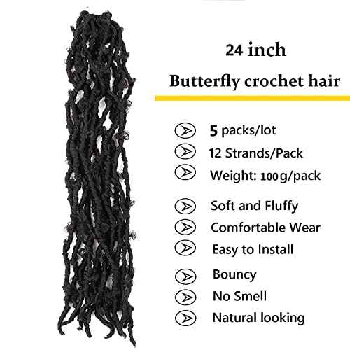 LMZIM 5 Packs 24 Inch Butterfly Locs Crochet Hair for Black Women Soft Distressed Faux Locs Pre looped Pre-twisted Braids (24 inch 5 pack, 1b)