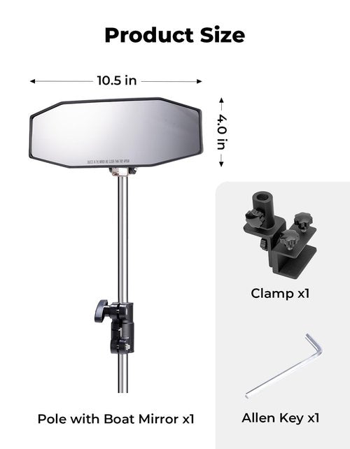 KEMIMOTO Pontoon Boat Mirror Rear View with Telescoping Pole, 10.5“ x 4” Extra Large 360° Adjustable Marine Mirror for Pontoon Rail or Bimini Top, Ski Boats Water Skiing, Pontoon Boat Accessories