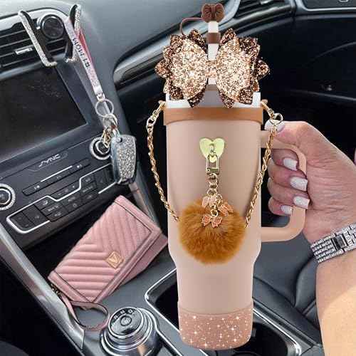 Bling Stanley Cup Accessories for 40oz & 30oz Tumbler including Silicone Cute Bow Straw Topper Cover, Silicone Stanley Cup Boot,Leather Water Bottle Handle Strap, Charms(Brown)