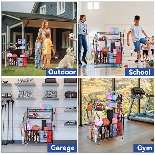 Mythinglogic Garage Sports Equipment Organizer, Baseball Storage Large Capacity, Sports Organizer for Garage with Hooks and Baskets, Ball Storage Rack for Football, Soccer Ball, Bat, Toys