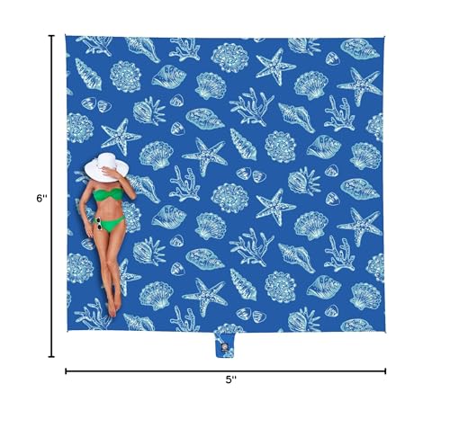 WEKAPO Beach Blanket Waterproof Sandproof Oversized, Extra Large Beach Mat Sand Free, Lightweight & Compact Sand Free Mat with 6 Stakes & 4 Corner Pockets (Blue Sea Shells, 8 x 7 FT (1～4 Person))