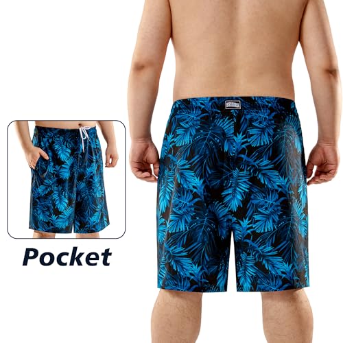 Big and Tall Men's Swim Trunks with Compression Liner - Black Blue Tropical, 42