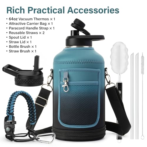Insulated Water Bottle 64oz with Straw Lid & Carrying Bag - Leakproof Travel Thermos