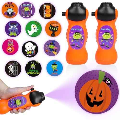 2 Pcs Halloween Flashlight Projector Lights for Kids, 24 Different Pattern Pumpkin Ghost Theme Images Projector Light Torch Flashlight Toys Bulk for Halloween Party Favors, Classroom Prizes Gifts