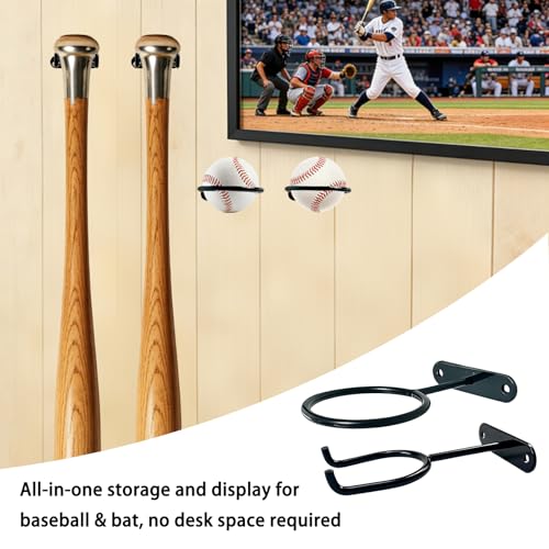 Baseball Bat Wall Mount Set - 2 Pack Bat & Ball Display Holders, Black - Variation of THIS listing