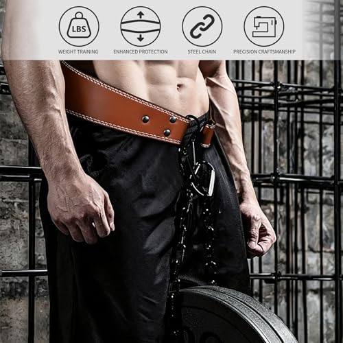Heavy-Duty Leather Weight Lifting Dip Belt with Steel Chain - Brown