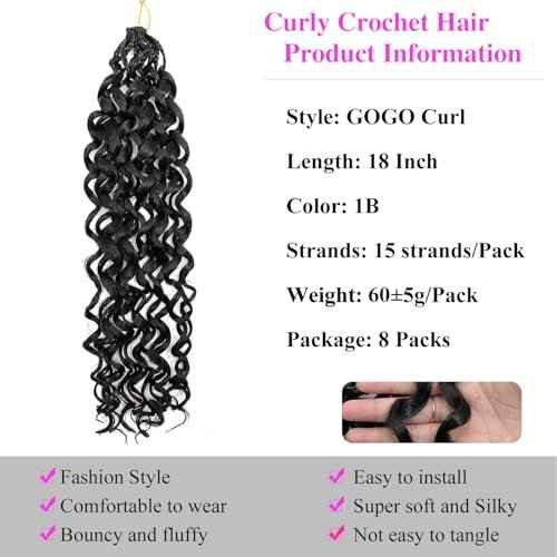 18 Inch Pre Looped Crochet Hair for Black Women - Gogo Curl/Beach Curl/Ocean/Water/Deep Wave Crochet Hair 8 Packs, Synthetic Hair Tangle-Free Natural Look Curly Hair Extensions (1B)