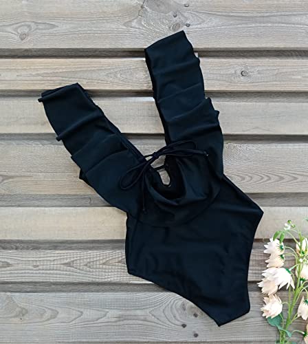 Women One-Piece Swimsuit V-Neck Ruffle Bathing Suit Padded Swimwear - Medium Solid Black