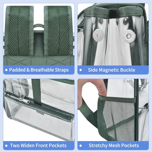 Mildbeer Clear Stadium Backpack for Sports Events & Concerts - 12x12x6 Compact PVC Flap Backpack with Multi-Pocket Design, Green