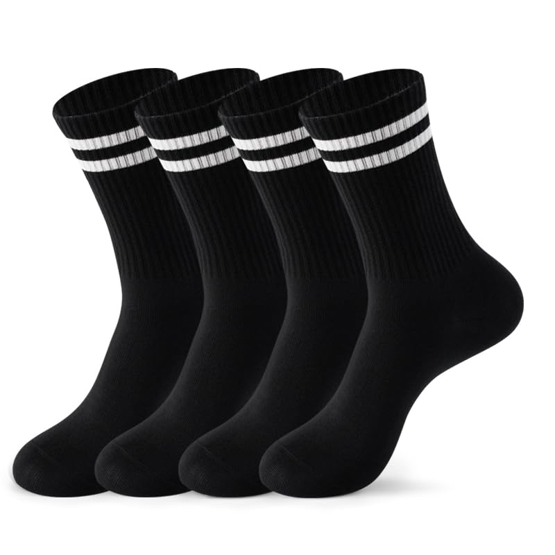 Women's Crew Socks – 4-Pack Cotton Athletic Socks with Stripes (Black) – 9-12, 4-pairs