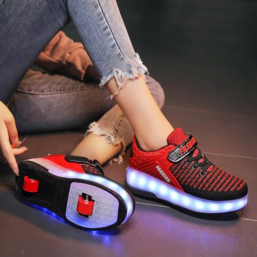 Kids Roller Shoes with Lights - A-Red, Lightweight & Breatheable, Beginner Sneakers with Wheels, USB Charging - Little Kid Size 1