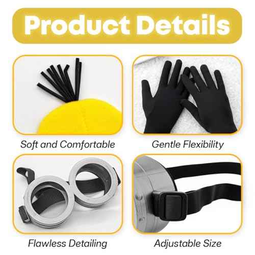 3 Pcs Halloween Costumes Adults & Kids Accessories, Adjustable Goggles Cosplay, Yellow Hat Beanie and Black Gloves for Women, Men, Halloween Party Set