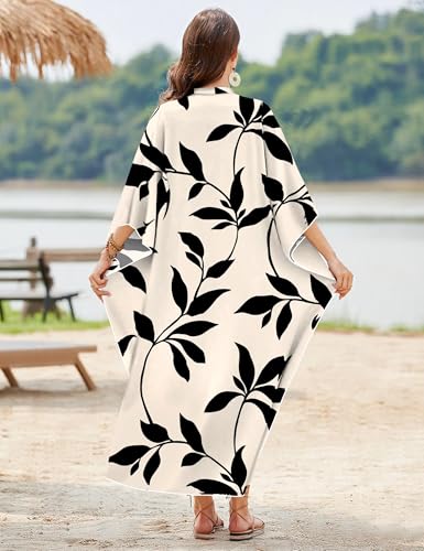 Women Kaftan Dress Maxi Cover-Up for Beach and Summer - Black White Leaves, Large-XX-Large